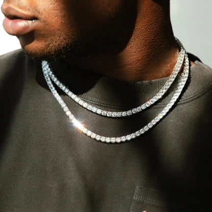 Cadena de diamantes estilo tennis bañada en oro blanco elegante para hombre y mujer.