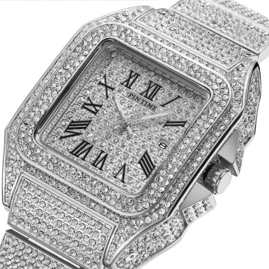 Reloj de diamantes de imitación cuadrado plateado
